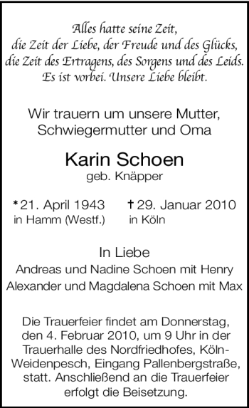 Traueranzeige von Karin Schoen von WESTFÄLISCHER ANZEIGER