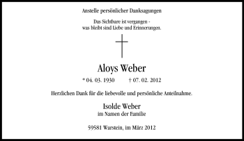 Traueranzeige von Aloys Weber von WESTFÄLISCHER ANZEIGER