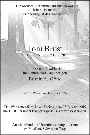 Traueranzeige von Toni Brust von MZV