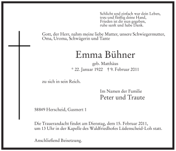Traueranzeige von Emma Bühner von WESTFÄLISCHER ANZEIGER