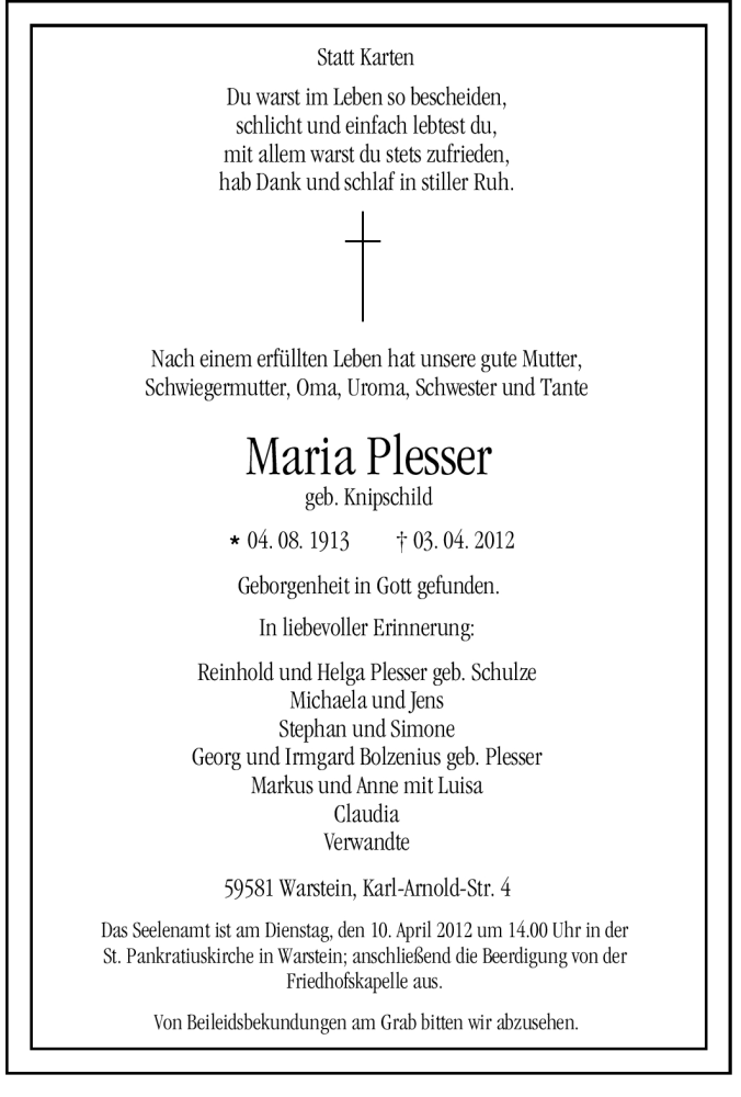  Traueranzeige für Maria Plesser vom 04.04.2012 aus WESTFÄLISCHER ANZEIGER