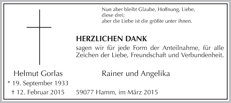  Traueranzeige für Helmut Gorlas vom 14.03.2015 aus MZV