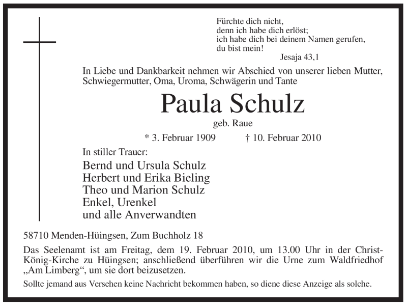  Traueranzeige für Paula Schulz vom 15.02.2010 aus WESTFÄLISCHER ANZEIGER