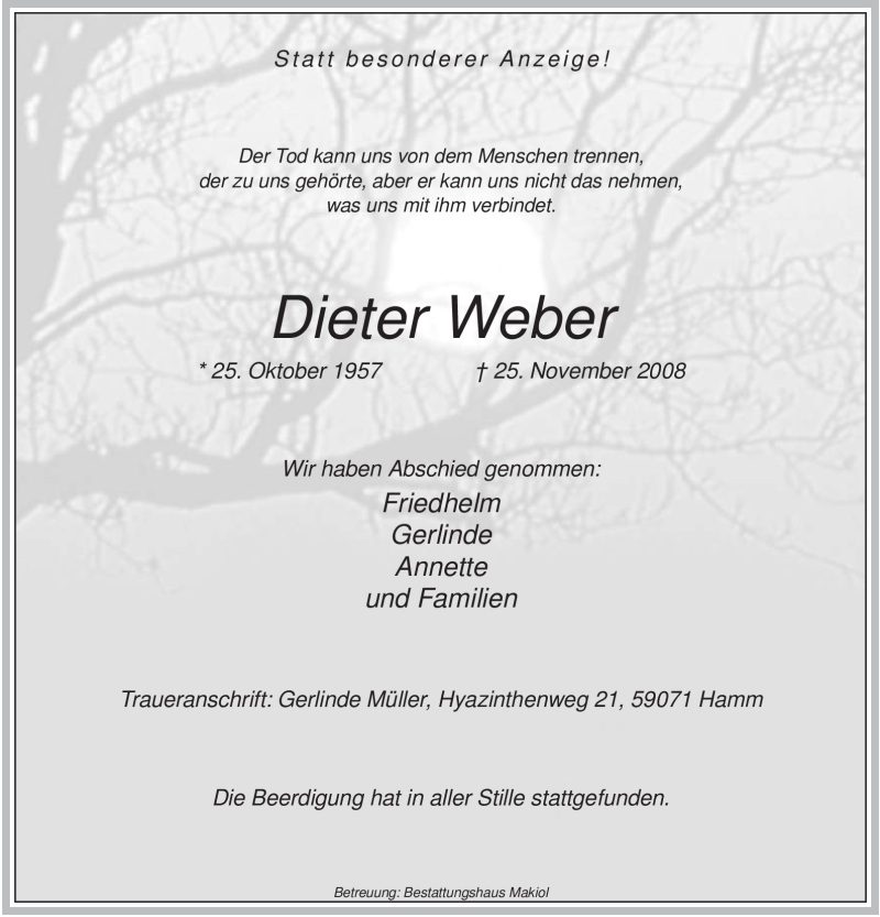  Traueranzeige für Dieter Weber vom 03.12.2008 aus WESTFÄLISCHER ANZEIGER