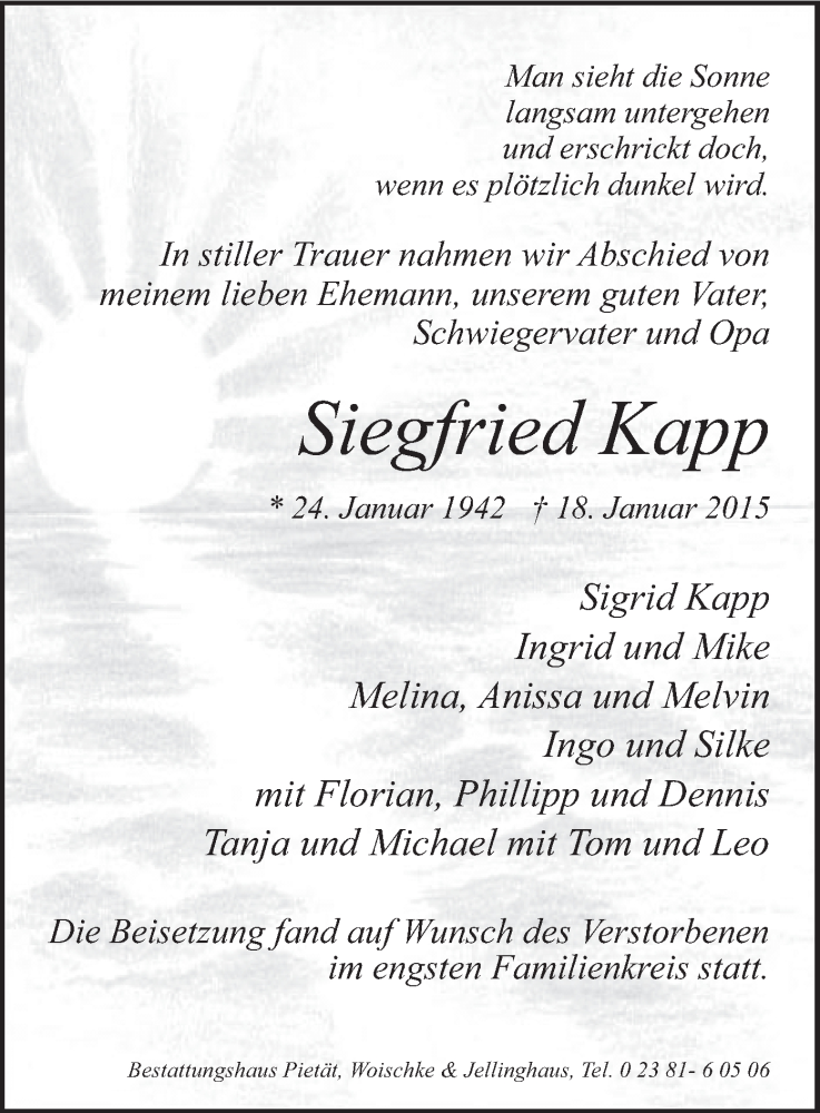  Traueranzeige für Siegfried Kapp vom 28.01.2015 aus MZV