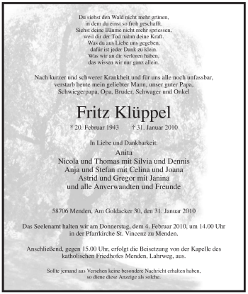 Traueranzeige von Fritz Klüppel von WESTFÄLISCHER ANZEIGER