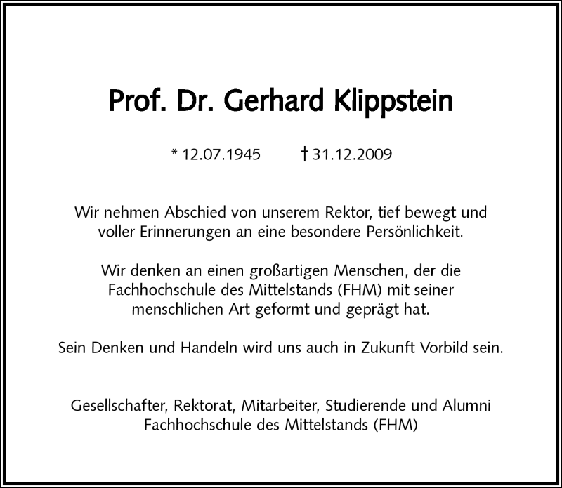  Traueranzeige für Gerhard Klippstein vom 07.01.2010 aus WESTFÄLISCHER ANZEIGER