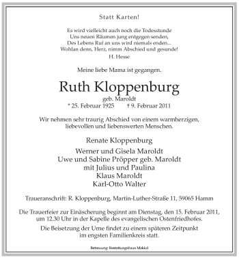 Traueranzeige von Ruth Kloppenburg von WESTFÄLISCHER ANZEIGER