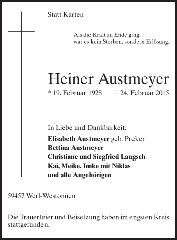 Traueranzeige von Heiner Austmeyer von MZV