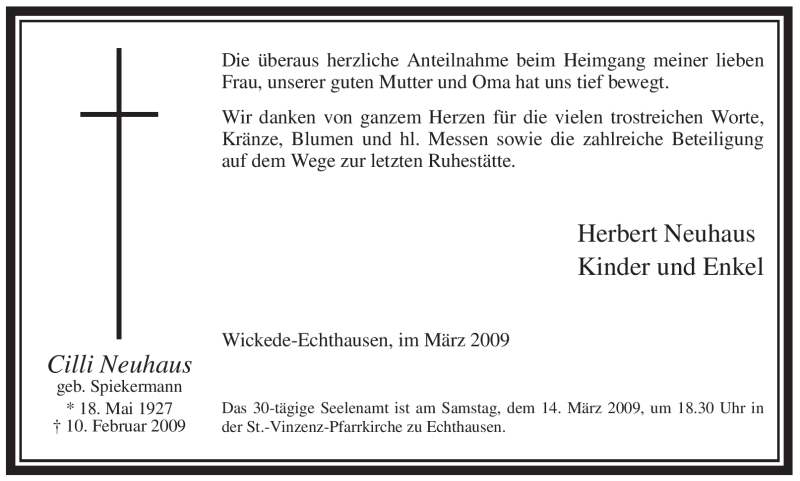  Traueranzeige für Cilli Neuhaus vom 07.03.2009 aus WESTFÄLISCHER ANZEIGER