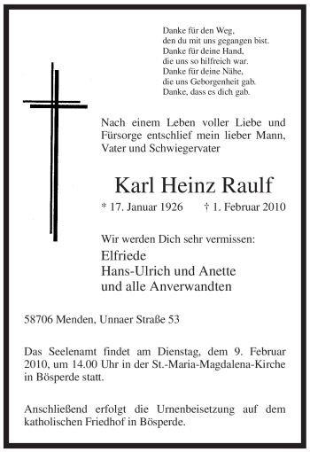 Traueranzeige von Karl Heinz Raulf von WESTFÄLISCHER ANZEIGER