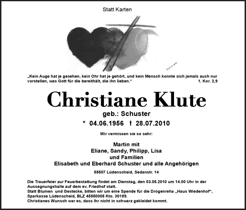  Traueranzeige für Christiane Klute vom 31.07.2010 aus WESTFÄLISCHER ANZEIGER