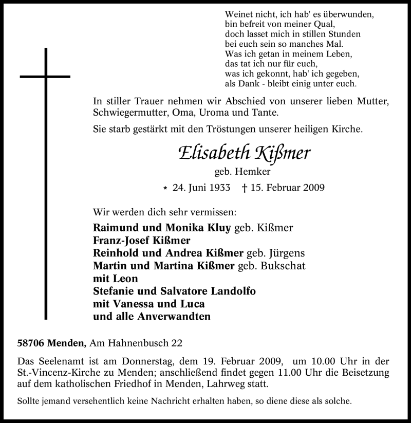  Traueranzeige für Elisabeth Kißmer vom 17.02.2009 aus WESTFÄLISCHER ANZEIGER