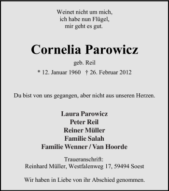 Traueranzeige von Cornelia Parowicz von WESTFÄLISCHER ANZEIGER