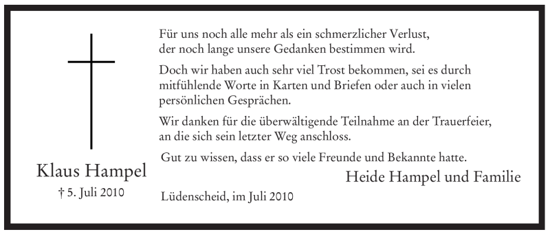  Traueranzeige für Klaus Hampel vom 28.07.2010 aus WESTFÄLISCHER ANZEIGER