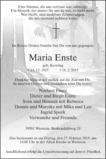 Traueranzeige von Maria Enste von MZV
