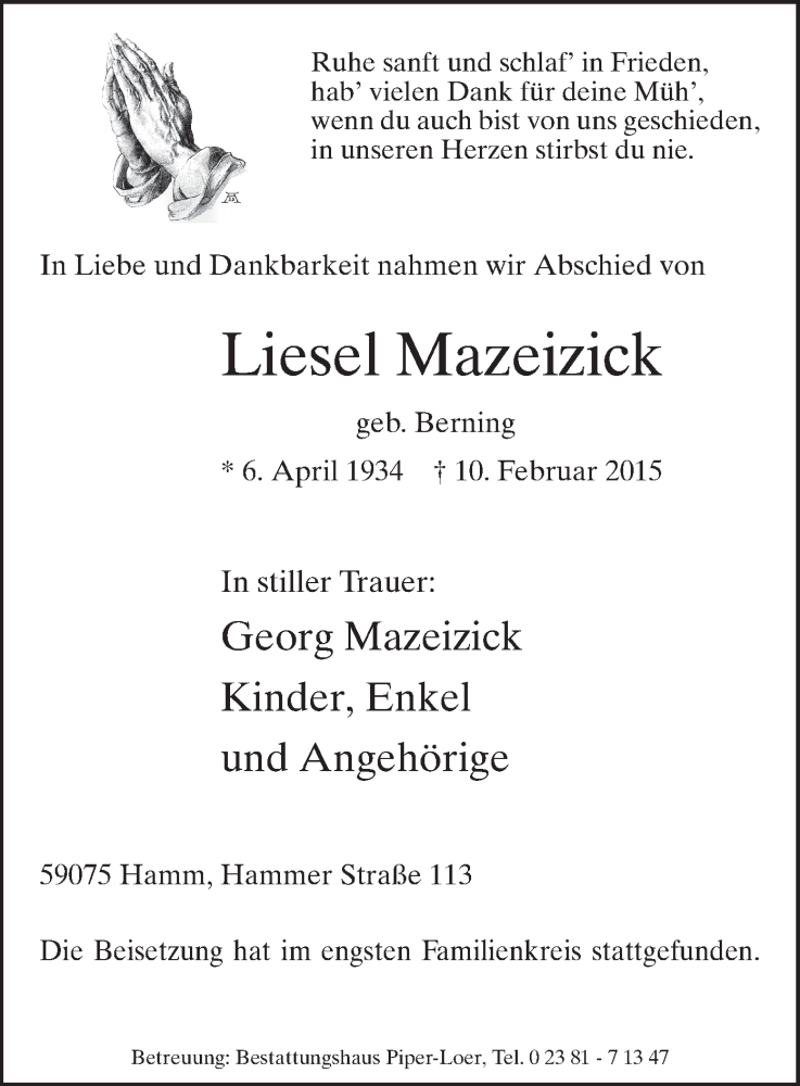  Traueranzeige für Liesel Mazeizick vom 03.03.2015 aus MZV