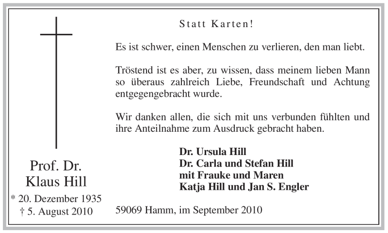  Traueranzeige für Klaus Hill vom 11.09.2010 aus WESTFÄLISCHER ANZEIGER