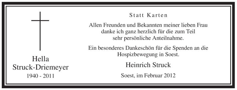 Traueranzeige für Hella Driemeyer-Struck vom 04.02.2012 aus WESTFÄLISCHER ANZEIGER