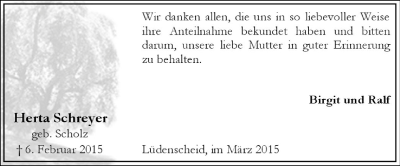  Traueranzeige für Herta Schreyer vom 03.03.2015 aus MZV