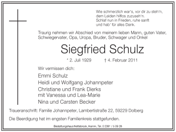 Traueranzeige von Siegfried Schulz von WESTFÄLISCHER ANZEIGER