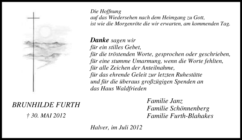  Traueranzeige für Brunhilde Furth vom 21.07.2012 aus WESTFÄLISCHER ANZEIGER