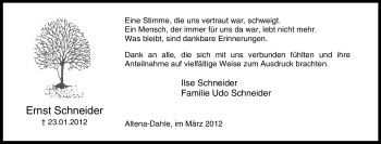 Traueranzeige von Ernst Schneider von WESTFÄLISCHER ANZEIGER