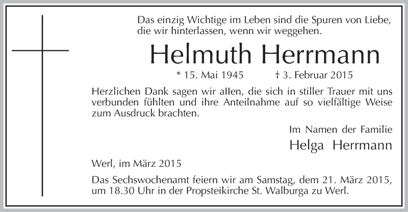  Traueranzeige für Helmuth Herrmann vom 16.03.2015 aus MZV
