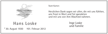 Traueranzeige von Hans Loske von WESTFÄLISCHER ANZEIGER