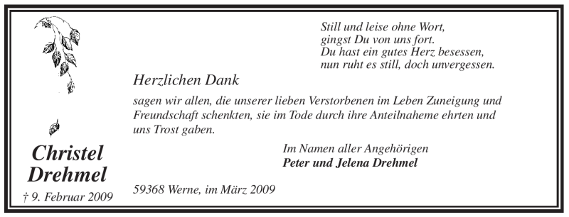  Traueranzeige für Christel Drehmel vom 21.03.2009 aus WESTFÄLISCHER ANZEIGER