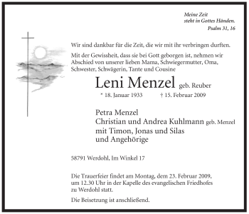 Traueranzeige von Leni Menzel von WESTFÄLISCHER ANZEIGER