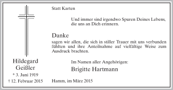 Traueranzeige von Hildegard Geißler von MZV