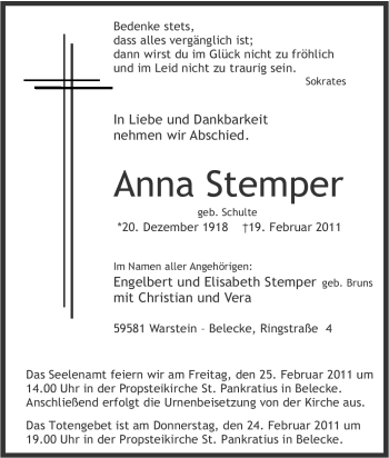 Traueranzeige von Anna Stemper von WESTFÄLISCHER ANZEIGER