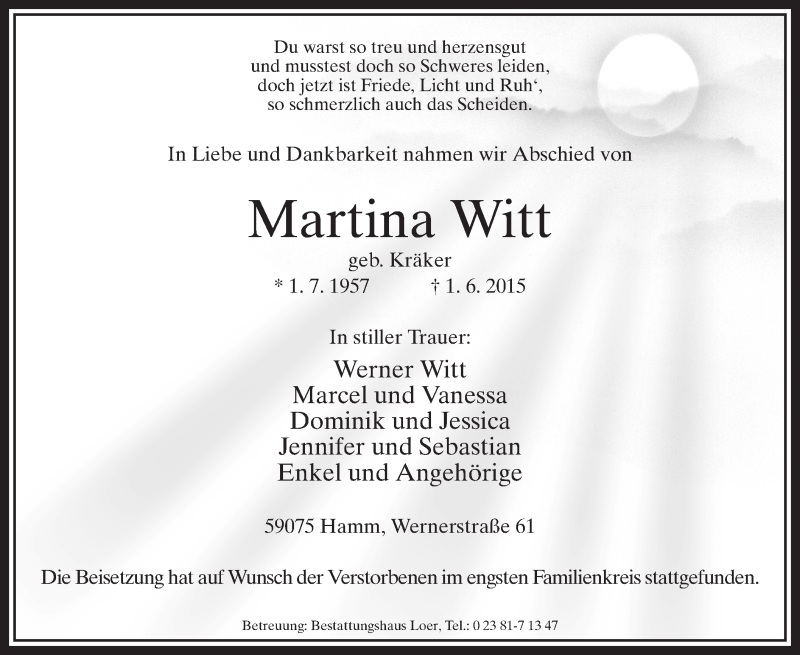  Traueranzeige für Martina Witt vom 20.06.2015 aus MZV