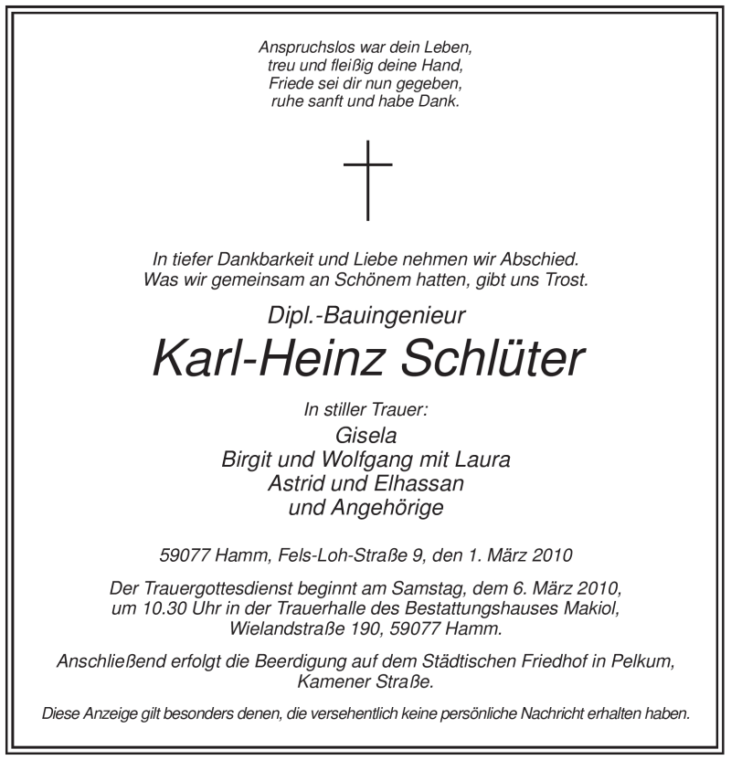  Traueranzeige für Karl-Heinz Schlüter vom 03.03.2010 aus WESTFÄLISCHER ANZEIGER