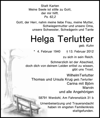 Traueranzeige von Helga Terlutter von WESTFÄLISCHER ANZEIGER