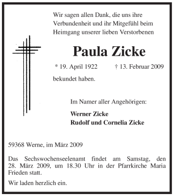 Traueranzeige von Paula Zicke von WESTFÄLISCHER ANZEIGER