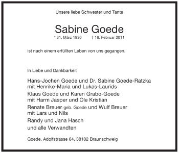 Traueranzeige von Sabine Goede von WESTFÄLISCHER ANZEIGER