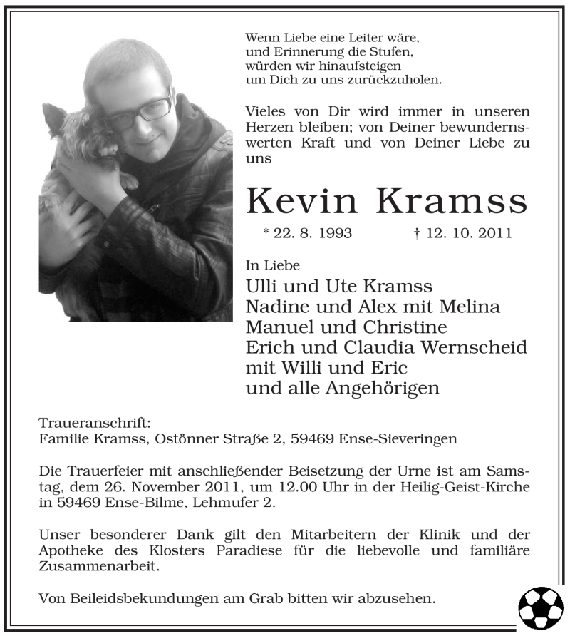  Traueranzeige für Kevin Kramss vom 19.11.2011 aus WESTFÄLISCHER ANZEIGER