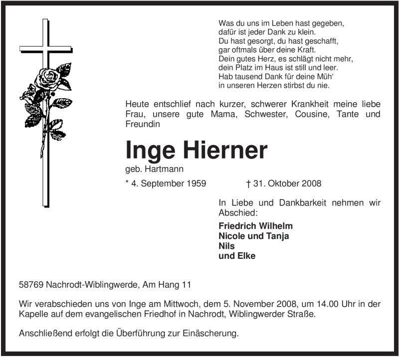  Traueranzeige für Inge Hierner vom 03.11.2008 aus WESTFÄLISCHER ANZEIGER