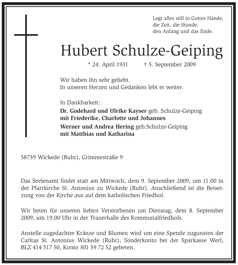  Traueranzeige für Hubert Schulze-Geiping vom 07.09.2009 aus WESTFÄLISCHER ANZEIGER