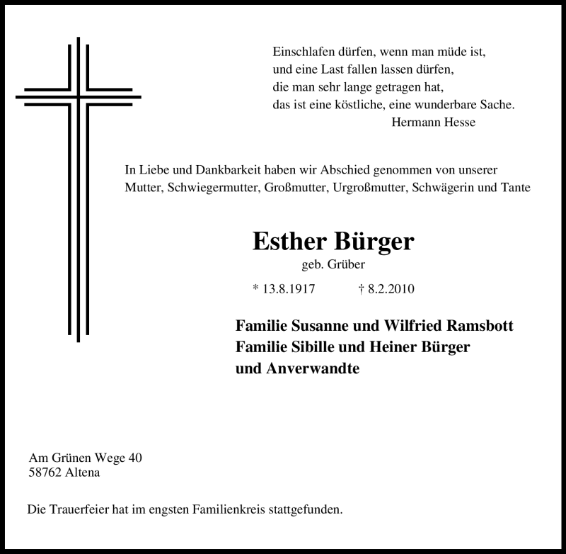  Traueranzeige für Esther Bürger vom 13.02.2010 aus WESTFÄLISCHER ANZEIGER