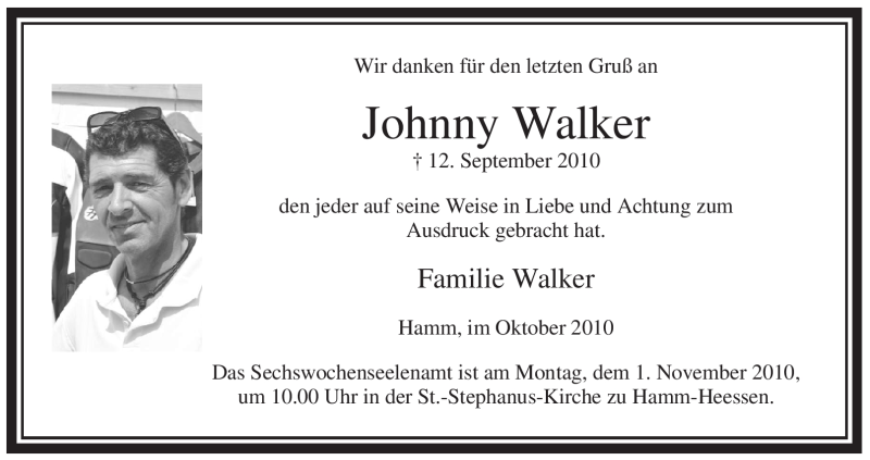  Traueranzeige für Johnny Walker vom 23.10.2010 aus WESTFÄLISCHER ANZEIGER