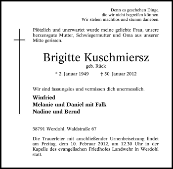 Traueranzeige von Brigitte Kuschmiersz von WESTFÄLISCHER ANZEIGER