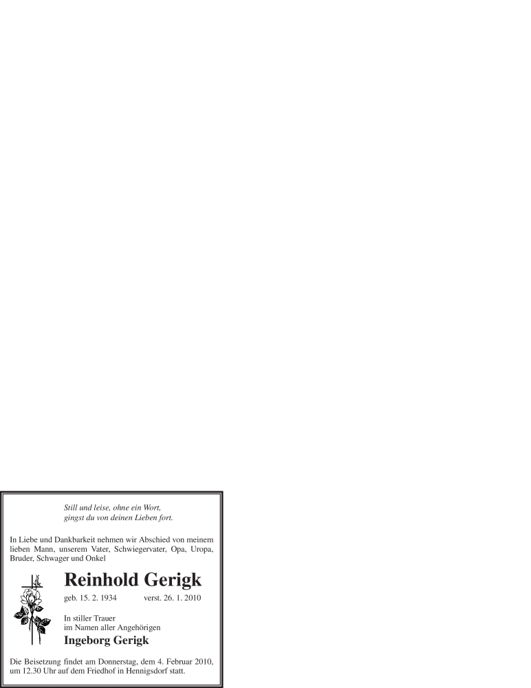  Traueranzeige für Reinhold Gerigk vom 30.01.2010 aus WESTFÄLISCHER ANZEIGER