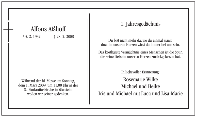  Traueranzeige für Alfons Aßhoff vom 21.02.2009 aus WESTFÄLISCHER ANZEIGER
