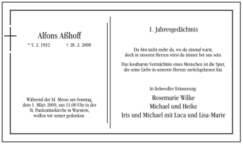 Traueranzeige von Alfons Aßhoff von WESTFÄLISCHER ANZEIGER