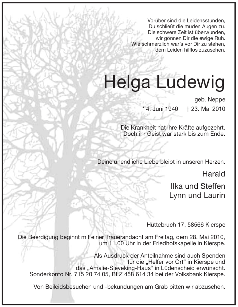  Traueranzeige für Helga Ludewig vom 26.05.2010 aus WESTFÄLISCHER ANZEIGER