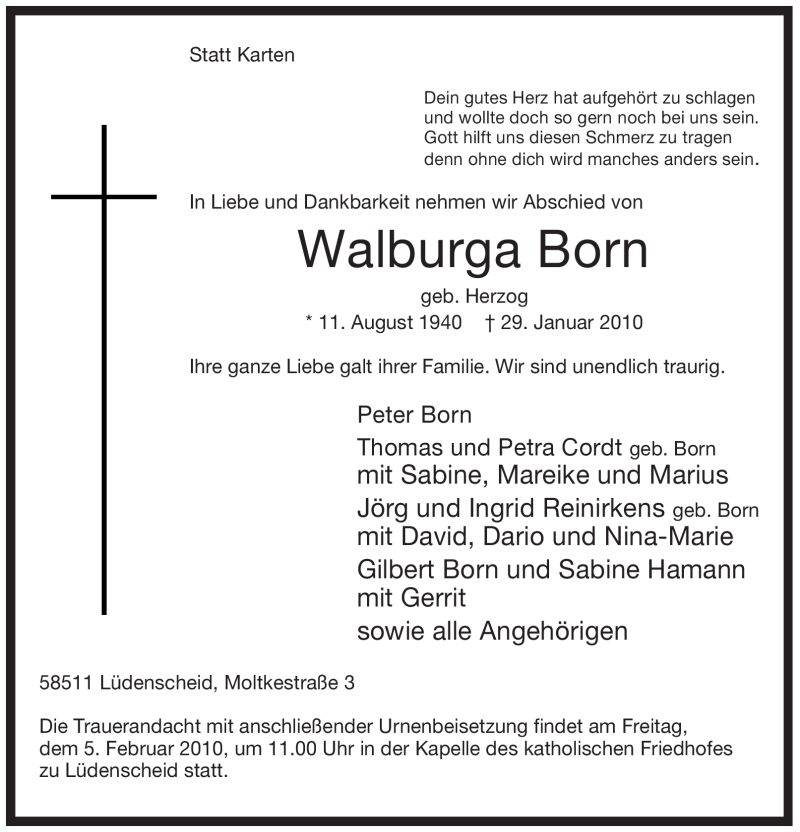  Traueranzeige für Walburga Born vom 02.02.2010 aus WESTFÄLISCHER ANZEIGER