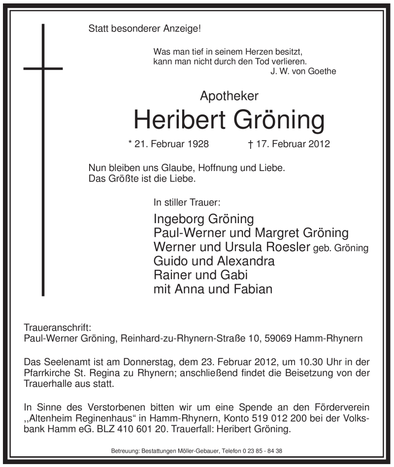  Traueranzeige für Heribert Gröning vom 20.02.2012 aus WESTFÄLISCHER ANZEIGER